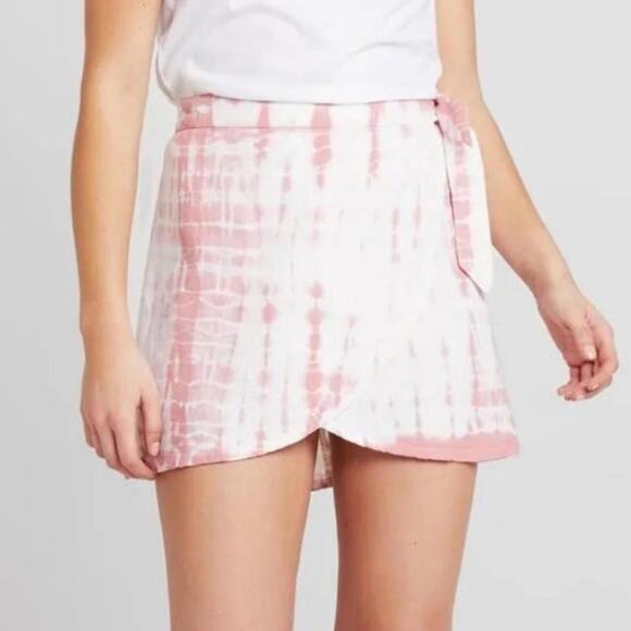 NEW Free People Ann Reed Tie-Dye Wrap Mini Skirt Pink/White Linen size 8 - Picture 1 of 14